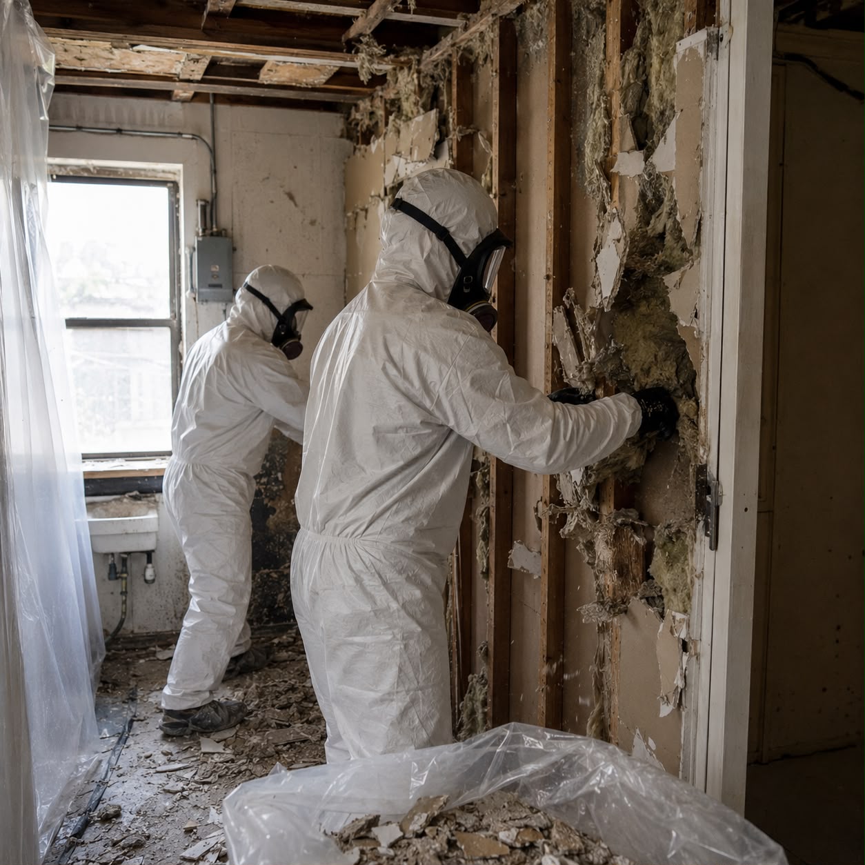 Certified asbestos abatement team removing asbestos ceiling materials inside containment