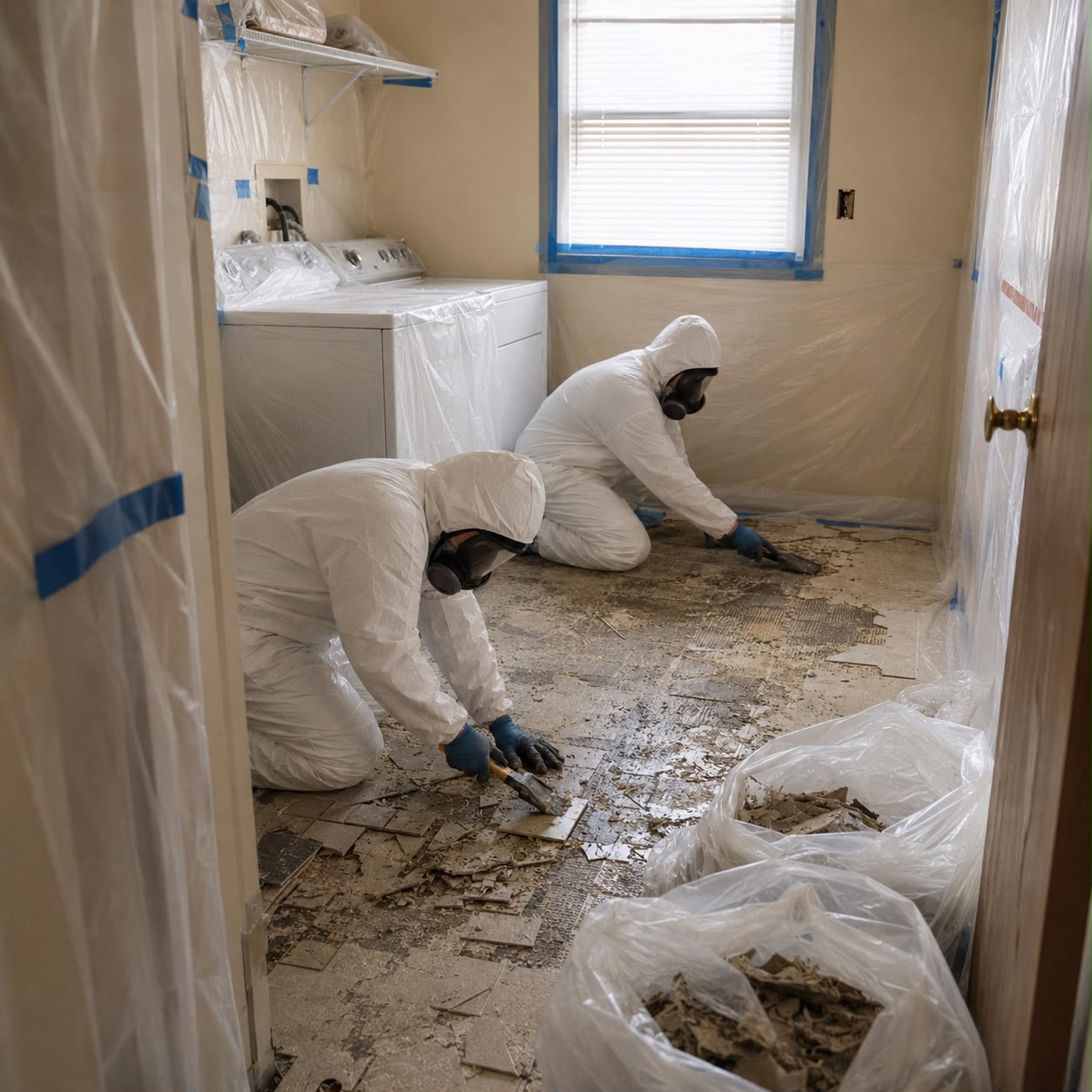 Licensed technicians bagging asbestos waste in sealed containment zone